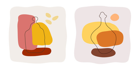 Liquor and rum bottle on abstract background. Hand drawn doodle various shapes, spots. Contemporary modern trendy illustration. Minimalistic сoncept of alcoholic beverages in flat style design