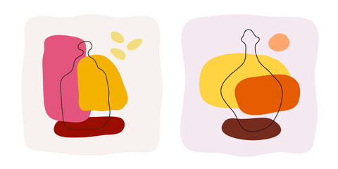 Liquor and rum bottle on abstract background. Hand drawn doodle various shapes, spots. Contemporary modern trendy illustration. Minimalistic сoncept of alcoholic beverages in flat style design