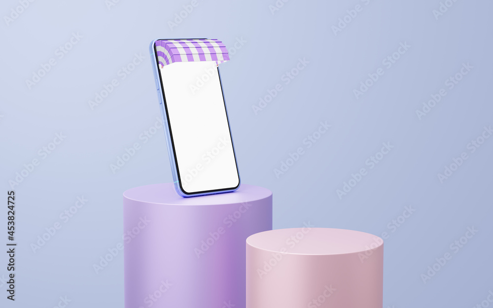 Wall mural purple mobile phone with awning on cylinder podium floating on white background. minimal studio 3d. 