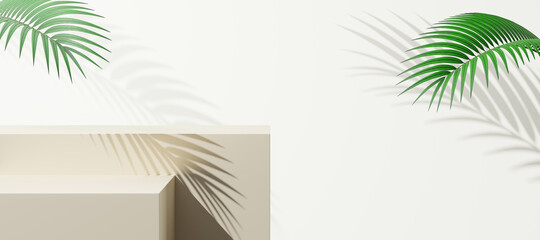 Empty cream cube podium floating with shadow palm leaves on white copy space background. Abstract minimal studio geometric shape. Monotone pedestal mockup space for display product design. 3d render.