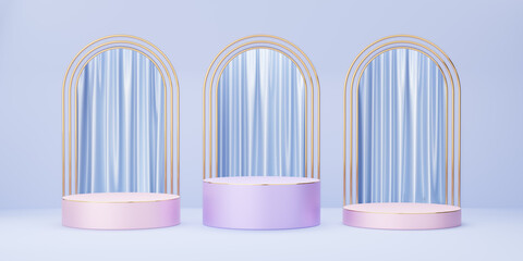 Purple, pink cylinder podium with gold border on blue arch and curtain background. Abstract minimal...
