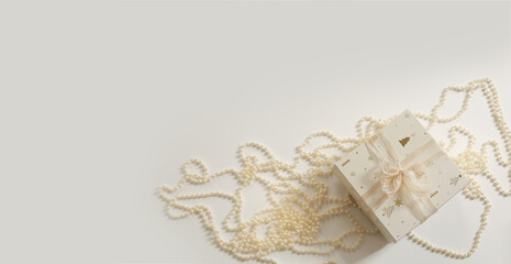 Christmas composition. Xmas background. Christmas gift and garland on the white background. Free space for text, copy space. Flat lay, top view