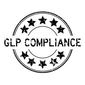 Grunge black GLP (Abbreviation of Good laboratory practice) compliance word with star icon round rubber seal stamp on white background