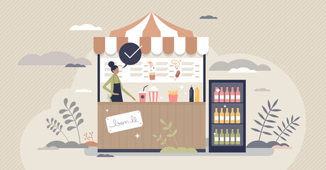 Fototapeta na wymiar Concession stand with fast food, snacks and drinks store tiny person concept. Retail tent with beverage and outdoor eating service vector illustration. Sale sweets and soda on street tent market.