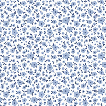 Ditsy floral vector seamless pattern. Small blue forget-me-not flowers on white background. Tiny meadow wildflower motif. Liberty style texture for nursery, fashion print, textile, wrap, gift paper