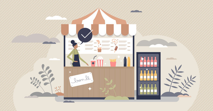 Concession stand with fast food, snacks and drinks store tiny person concept. Retail tent with beverage and outdoor eating service vector illustration. Sale sweets and soda on street tent market.