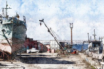 Repair of commercial fishing longboats on the pier. One longboat