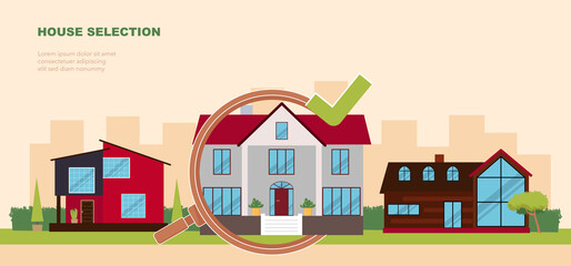 House selection and search. Buying, rent and choosing housing. House project, real estate business concept vector illustration. Human hand with magnifying glass and houses. Turnkey rentals, buildings.