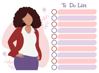 To-do list and black woman. cute ethnic girl on decorative background looks at to-do list. Vector. Note paper, day planning, time management, organizer, planner. Illustration for print, design, decor