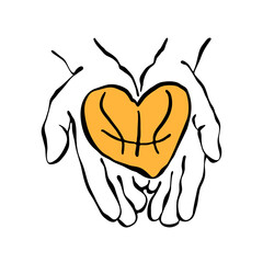 Vector illustration for basketball. Print design for Valentine's Day, basketball heart and palms.
