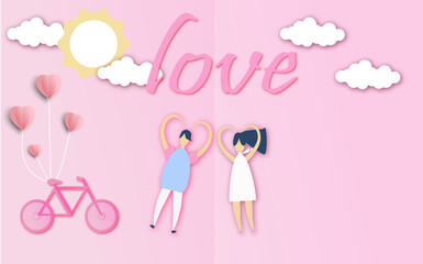 valentines day invitation card love heart balloon on abstract background with paper cut pink heart cloud illustration