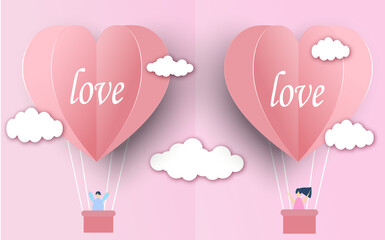 valentines day invitation card love heart balloon on abstract background with paper cut pink heart cloud illustration
