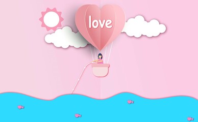 valentines day invitation card love heart balloon on abstract background with paper cut pink heart cloud illustration