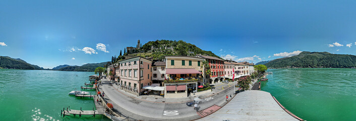 Drone view at Morcote on lake Lugano in the italian part of Switzerland