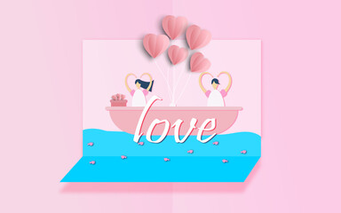 valentines day invitation card love heart balloon on abstract background with paper cut pink heart cloud illustration