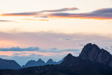 Obraz na płótnie Canvas Sunset in Dolomites mountains, Alps, northern Italy