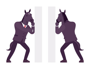 Horse man, large hoofed male animal, formal human wear, pushing. Business person in dark strict suit, strong working office employee. Vector flat style cartoon illustration, front and rear view