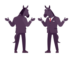Horse man, hoofed male animal, formal human wear, shrug shoulders. Business person in dark strict suit, strong working office employee. Vector flat style cartoon illustration, front and rear view