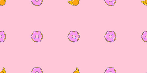 Donuts and croissant seamless pattern. Vector background from sweet pastries for design. Pastry concept.
