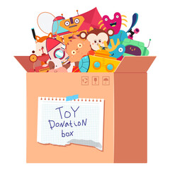 Toys donation box vector cartoon illustration isolated on a white background.