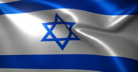 Israel Flag with waving folds, close up view, 3D rendering