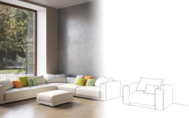 3d visualization of a large spacious modern interior with a concrete wall and a comfortable sofa with pillows, 3d render with copy space on an empty dark wall.