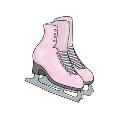 Pair of pink womens skates on a white background. Hand drawing womens ice skates. Vector illustration.