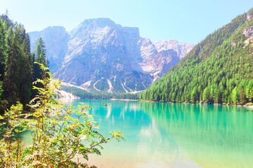 Fototapeta na wymiar Pragser Wildsee . Lake Braies in the Prags Dolomites in South Tyrol, Italy . Coniferous forest , Alps and lake 