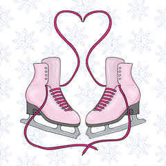 Pair of pink skates on a white background. Pink laces in the form of heart. Hand drawing. Vector illustration. Valentines Day card.