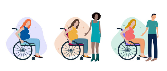 Fototapeta premium 3 illustrations vectorielles sur le thème de l'handiparentalité. Grossesse, maternité et handicap. Diversité des couples, LGBTQ+ . Femme enceinte en fauteuil roulant. Famille, mixité et inclusion.