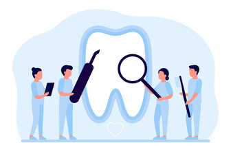 Tooth restoration, repair, dental care. Teeth cleaning, whitening and treatment, checkup by dentist. Oral hygiene. Prevention of dental diseases from dentist. Vector illustration