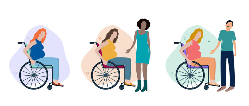 3 illustrations vectorielles sur le th&egrave;me de l'handiparentalit&eacute;. Grossesse, maternit&eacute; et handicap. Diversit&eacute; des couples, LGBTQ+ . Femme enceinte en fauteuil roulant. Famille, mixit&eacute; et inclusion.