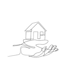 hand drawn hand holding house illustration in continuous line art style vector isolated © tyasdrawing