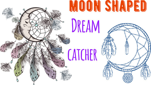 Dream catcher in shape of crescent moon. Creative hand drawn Dream Catcher Follow your Dreams. circle, moon, heart, star with feather and bead. Boho style illustration