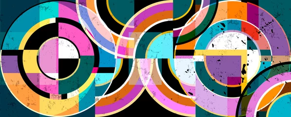 Gordijnen abstract background pattern, with circle ornament, paint strokes and splashes, art in the bauhaus tradition © Kirsten Hinte