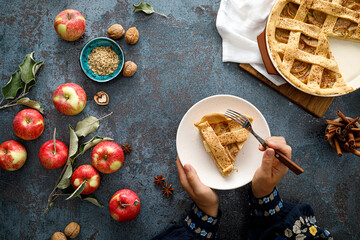Apple pie with lattice pastry, traditional pastry dessert for Thanksgiving day, autumn baking...