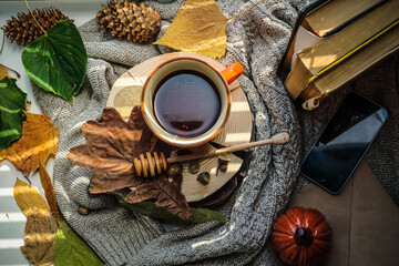 autumn, cozy atmosphere, hot tea,coffee by the window