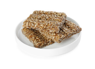 Delicious sweet kozinaki bars on white background