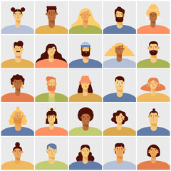 Set of people avatars. Portraits of diverse cartoon men and women. Characters with different hairstyles, skin colors and ethnicities. Colored flat vector illustration isolated on white background