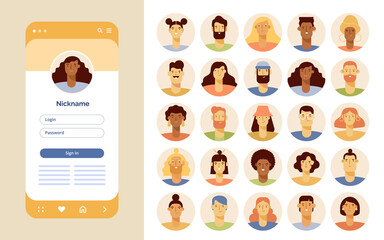 Set of male and female avatars. Icons for mobile app and social network. people with different hairstyles, skin colors and ethnicities. Vector flat illustration, flat design. Isolated on white 