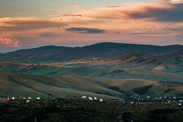 Sunset view of Gorno-Altaysk from the observation deck on Mount Tugaya