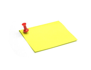 Close-up Yellow note and Red pushpin  isolated on white background with copy space