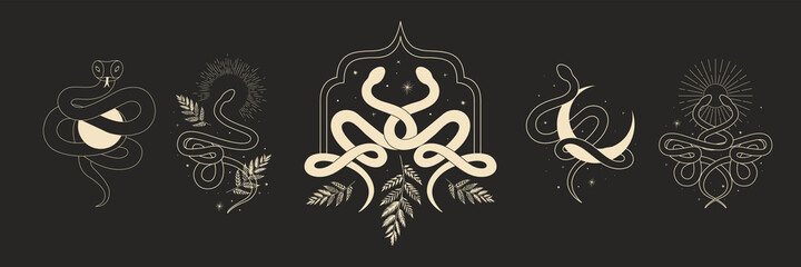 Fototapeta premium abstract illustration of mystical night. image of a snake, hands, phases of the moon and sun. sacred graphics geometry. mystical energy