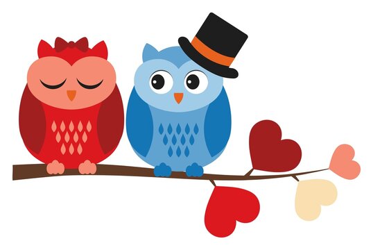 Cute Owls in Love Sitting On Branch with Heart Shaped Leaves. Vector Couple of Sweet Owls