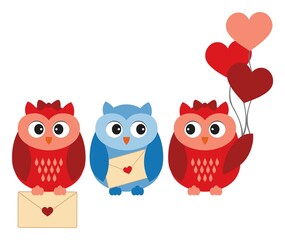 Cute Owls in Love Holding Heart Shaped Air Balloons and Love Letter. Vector Sweet Owls