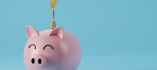 Coins falling to pink piggy saving,Financial,planning,strategy,save money,growth business and deposit concept with copy space,3d render and illustration