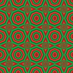 Naklejka premium Seamless abstract graphics of green, red and yellow color in octagon ,triangle and square shape . Vector flat design creative for fabric, wrapping, textile, wallpaper, apparel for Christmas festival