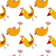 Funny seamless background with chickens...Cartoon illustration as texture with birds...Happy Easter.