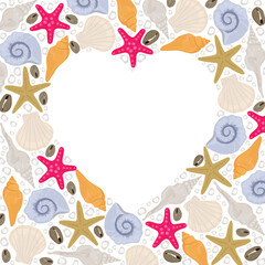 Colorful hand drawn frame for text in heart shape, with background of seashells and stars. Summer love concept.