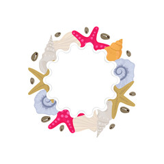 Round frame of seashells and stars set of beautiful seashells arranged in circle. Vector illustration.